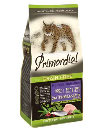 Primordial פרימורדיאל ללא דגנים לחתולים בוגרים מסורסים – הודו הרינג חמוציות לספדזה