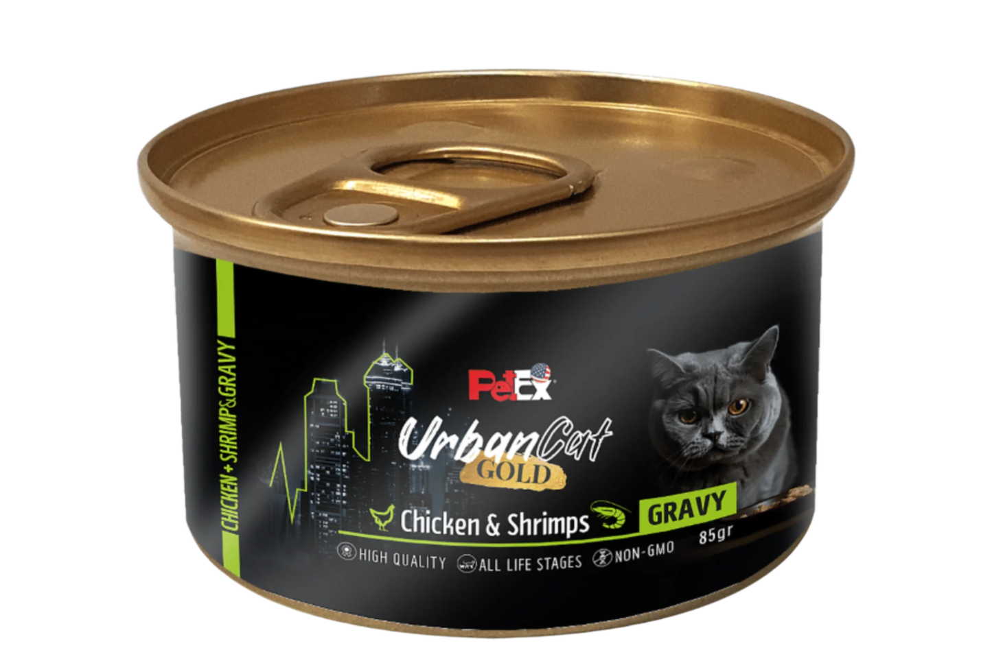 PETEX Urban Cat GOLD – מעדן עוף עם שרימפס ברוטב לחתולים (85 גרם)