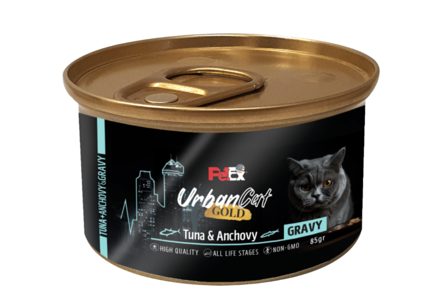 PETEX Urban Cat GOLD – מעדן טונה עם אנשובי ברוטב לחתולים (85 גרם)